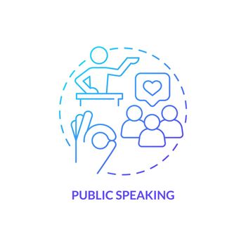 Public speaking blue gradient concept icon. Essential life skill abstract idea thin line illustration. Motivational speaker. Confidence. Isolated outline drawing. Myriad Pro-Bold font used