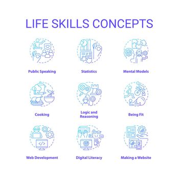 Life skills blue gradient concept icons set. Learning psychosocial competencies idea thin line color illustrations. Personal development. Isolated symbols. Roboto-Medium, Myriad Pro-Bold fonts used