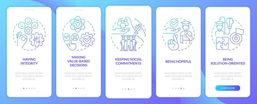 Skills for students blue gradient onboarding mobile app screen. Education walkthrough 5 steps graphic instructions with linear concepts. UI, UX, GUI template. Myriad Pro-Bold, Regular fonts used