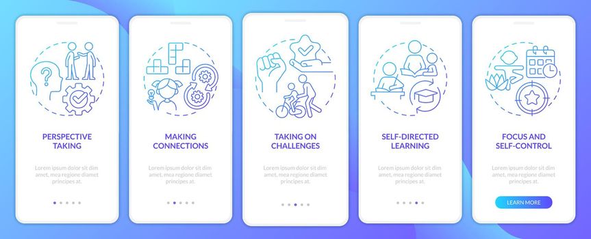 Skills for kids blue gradient onboarding mobile app screen. Development walkthrough 5 steps graphic instructions with linear concepts. UI, UX, GUI template. Myriad Pro-Bold, Regular fonts used