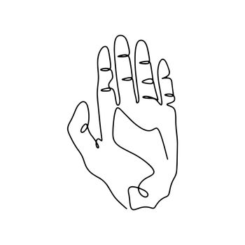 Stop hand gesture line art illustration vector. Raised palm of hand is sign of stop or protest. One line outline design