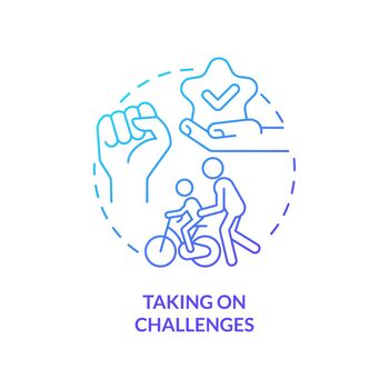 Taking on challenges blue gradient concept icon. Life skill for child abstract idea thin line illustration. Emotional strength. Overcome obstacles. Isolated outline drawing. Myriad Pro-Bold font used