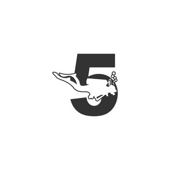 Number 5 and someone scuba, diving icon illustration template