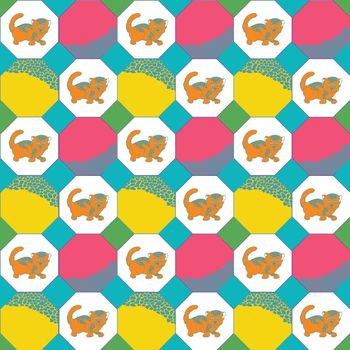 Children's novelty geometric shapes with cheetahs and octagon pattern on turquoise background.. Illustration. Great for children's clothing, home decoration, accessories, stationary and children's wallpaper.