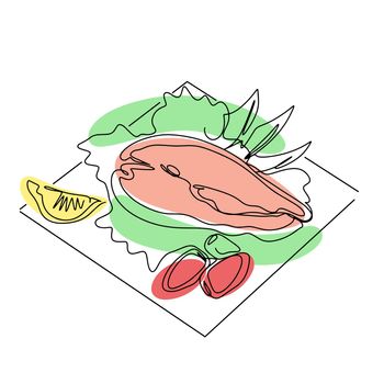 Dish salmon with salad lemon and tomatoes line art vector. Cooked food seafood and isolated one line illustration. Red trout fish steak with garnish