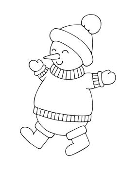 Coloring book snowman line art. Cute winter character in hat and sweater. Hand drawn vector black and white illustration.