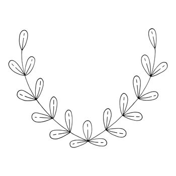 Coloring book laurel wreath line art. Plant branch with leaves. Hand drawn vector black and white illustration.