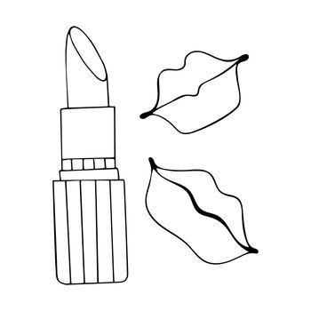 Lipstick, lip prints. Coloring page female cosmetics, kisses. Hand drawn vector line art black and white illustration.