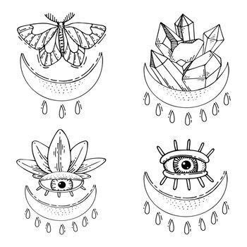 Bohemian set. Moon bowl all-seeing eye lotus moth crystals. Ancient amulet. Symbol of divine power. Hand drawn vector illustration.