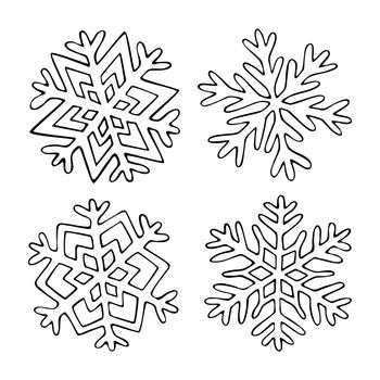 Set snowflakes doodle line art. Frozen ice crystals with different patterns. Winter symbol. Hand drawn vector graphic black and white illustration.b