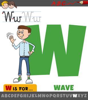 Educational cartoon illustration of letter W from alphabet with wave geasture