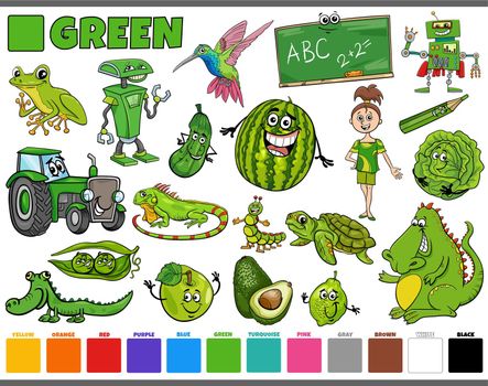 Cartoon illustration set with comic characters such as people and animals or objects in green