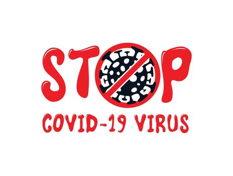 A stop sign for corona virus 2019 in black and red color including covid-19 symbol on it 