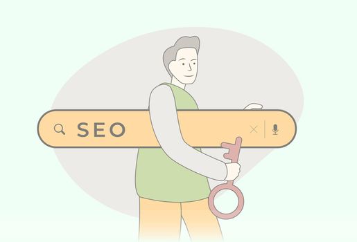 SEO - Search Engine Optimization concept. Improve quality and quantity traffic to website from search engines. Hand-drawn style seo specialist holds search bar under his arm and a key in his hand.
