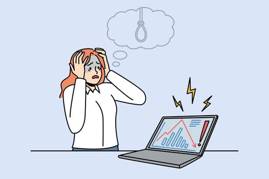Businesswoman distressed with stock market crisis and fall. Stressed woman CEO panic with financial problems looking at computer screen. Vector illustration.