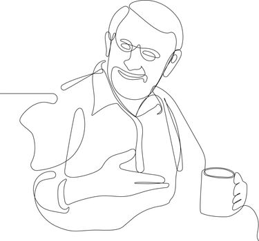Continuous one line drawing of a relaxed senior gentleman old man drinking tea. Minimal outline concept for yuor design. Vector illustration