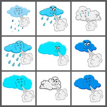 Cloud blowing wind set. Cartoon character. Vector illustration.
