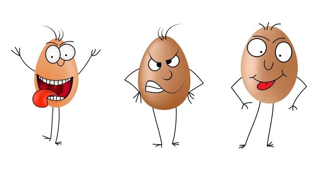 Egg character set. Crazy and angry eggs isolated on white