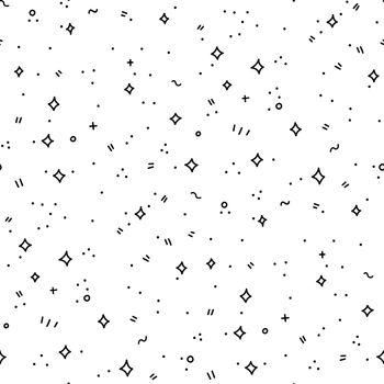 Simple doodle particles clutter. Black and white seamless pattern with sparkles, dots and lines. Use as filler, background, design element.