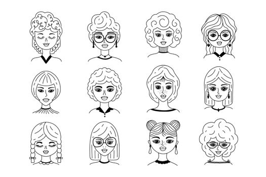 Collection of women faces in doodle style on white background.