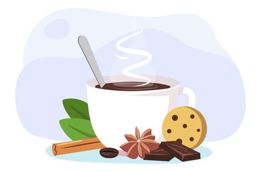 White coffee mug with steam a bar of chocolate, cinnamon, cloves and a piece of cookies Vector illustration in flat design style