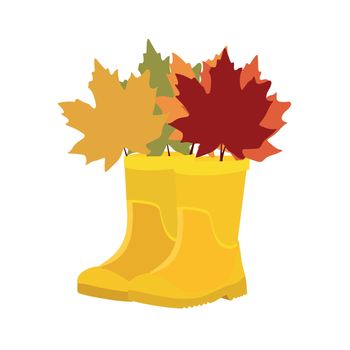 Yellow high clean rubber boots with maple leaves. Gardening, autumn. Flat style