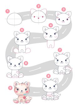 Cartoon character cute animal cat - drawing tutorial. Vector eps 10