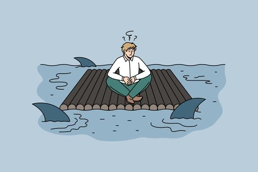 Business risks and danger concept. Stressed frustrated businessman sitting on raft feeling in danger because of sharks swimming around vector illustration