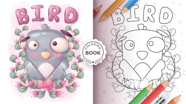 Cartoon adorable character animal bird dove - coloring page. Vector eps 10