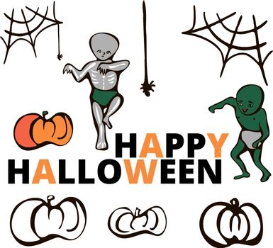 Children baby in Halloween monsters zombies and a skeleton costumes set. funny cute baby cartoons. Vector illustration