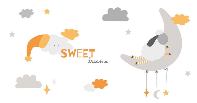 Sweet dreams sheep sleeping on moon vector illustration with clouds for kids postcards and decoration. Happy napping lamb cartoon drawings