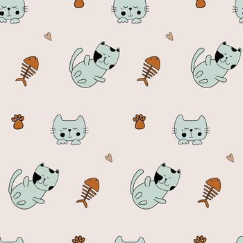 Kitty cat seamless pattern with paws. Cute colorful kitten meow cartoon drawing design for postcards and kid fabric