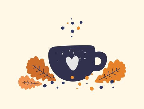 Autumn orange leaves and mug with hot seasonal beverage vector cozy illustration. Fall cup with coffee and tea cartoon paint