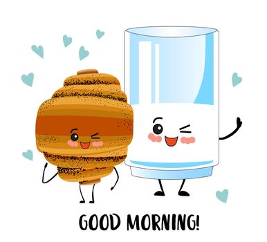 Good morning. A glass of milk and a croissant. Superhero Breakfast. Cute cartoon characters on a white background.