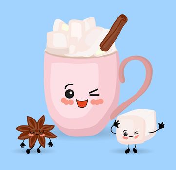 Cute manga cup with cappuccino and marshmallows. Pink color. Funny cartoon character