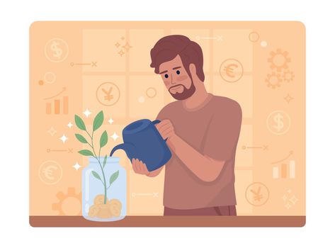 Investments 2D vector isolated illustration. Man holding watering pot flat character on cartoon background. Colourful editable scene for mobile, website, presentation. Quicksand font used