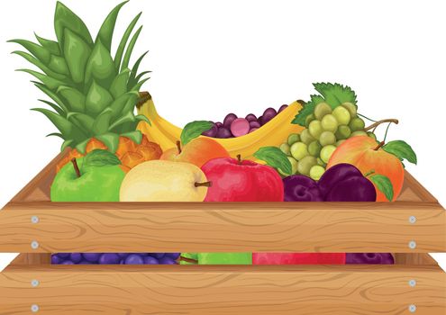Fruit. A wooden box with fruits such as pineapple, banana, pears, apples and also plums, peaches, grapes. Fruit in the drawer. vegetarian products. Vector illustration.