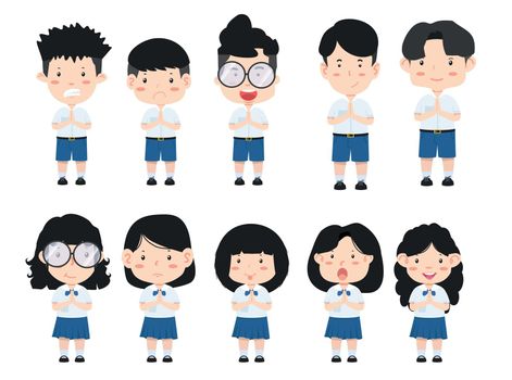 Cute thai kid student school set character