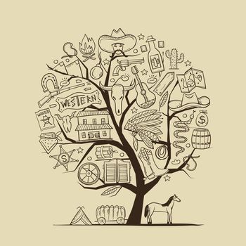Wild Western. Art tree concept for your design. Vector illustration