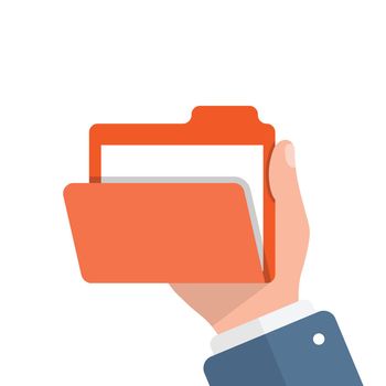 Computer folder in hand illustration in flat style. Document archive vector illustration on isolated background. Portfolio sign business concept.