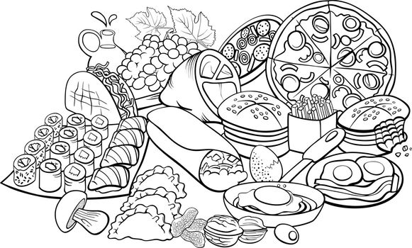 Black and white cartoon illustration of food dishes and objects group coloring page