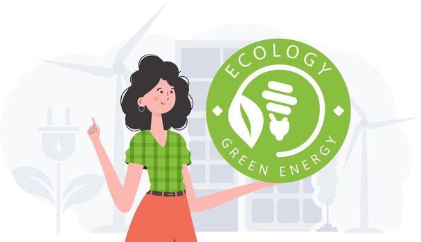 The concept of ecology and green energy. The girl holds the ECO logo in her hands. trendy style. Vector illustration.