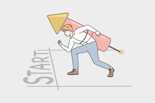 Businessman with firework on back ready to compete on start. Motivated male employee in competition striving for success or leadership. Vector illustration.