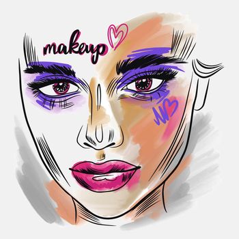 Makeup, handwritten quote. Fashion sketch of a portrait of a girl with bright makeup, big lips, long eyelashes