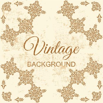 Vintage background with grunge texture in beige color. Vector template with grunge and ornament for design of invitation cards, labels, certificate or banner. Computer graphics.