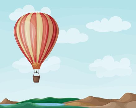 Air balloon. An image of a balloon for flying and traveling. Hot air balloon. Multicolored balloon on the background of clouds and mountains. Vector illustration isolated on a blue background