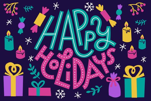 Colorful winter holidays card or poster. Christmas, Hannukah, inclusive neutral greeting. Cool bright colors on dark background. Modern flat illustration. Horizontal, landscape-oriented.