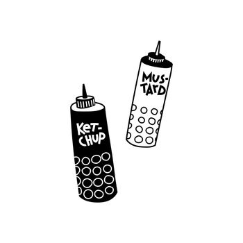 Ketchup and mustard, diner condiment set. Simple black and white doodle illustration, isolated.
