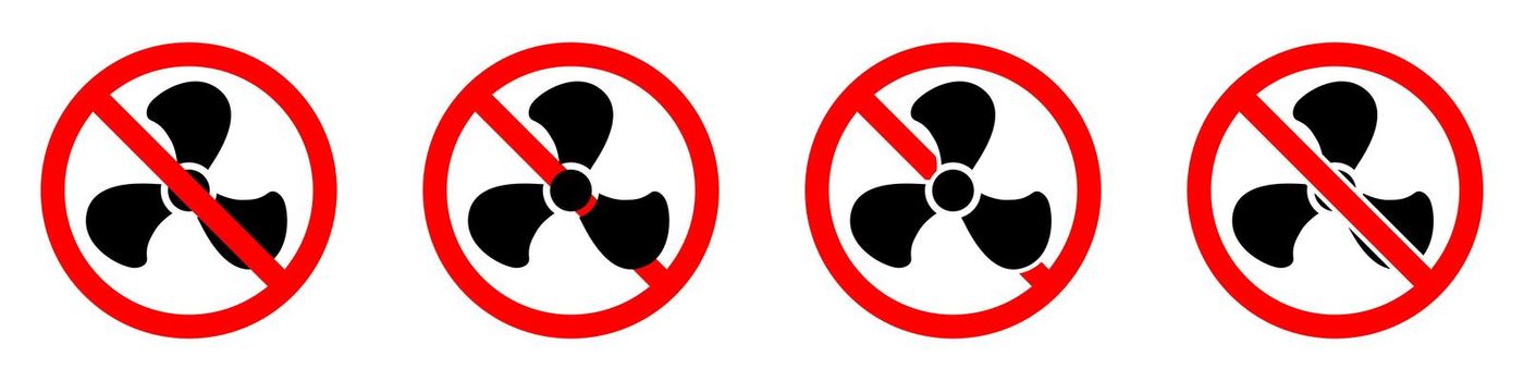 Stop or ban red round sign with fan icon. Vector illustration. Forbidden signs set. Fan is prohibited