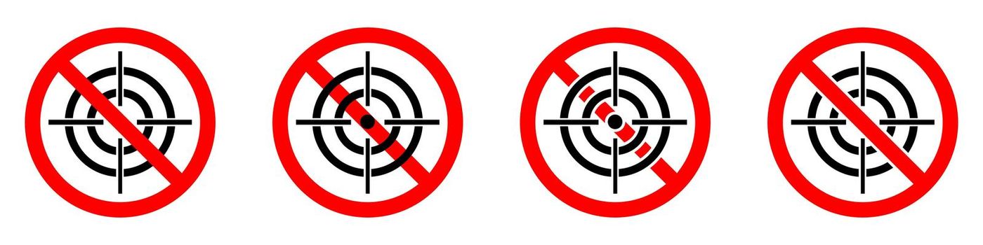 Hunting ban icon. Aiming is prohibited. Stop or ban red round sign with aim icon. Vector illustration. No aim icons set.